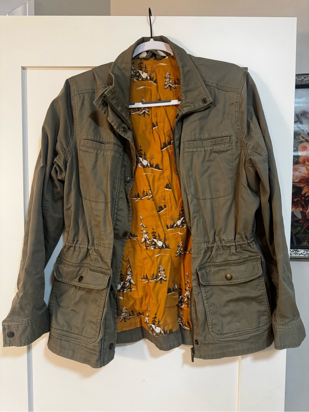 L.L. Bean Olive Utility Jacket with Mustard Printed Lining